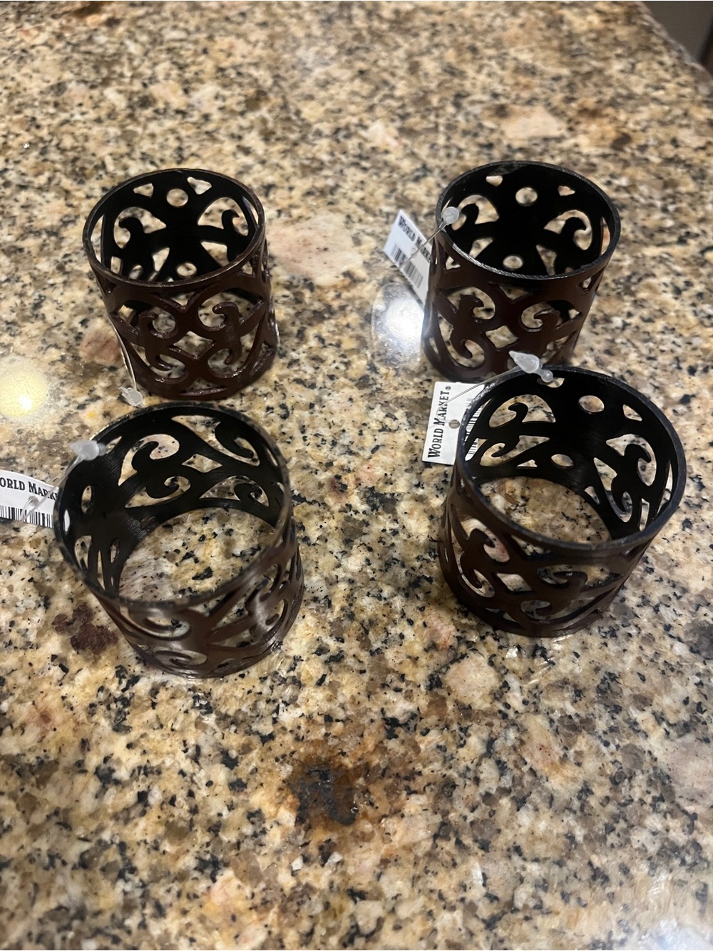 NWT Cost Plus World Market Brown Metal Filigree Napkin Rings - Set of 4